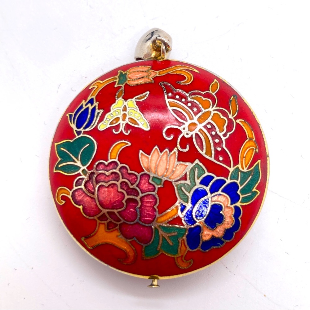 Vintage Red Floral Pendant No Necklace Damage to Enamel in Places Butterfly